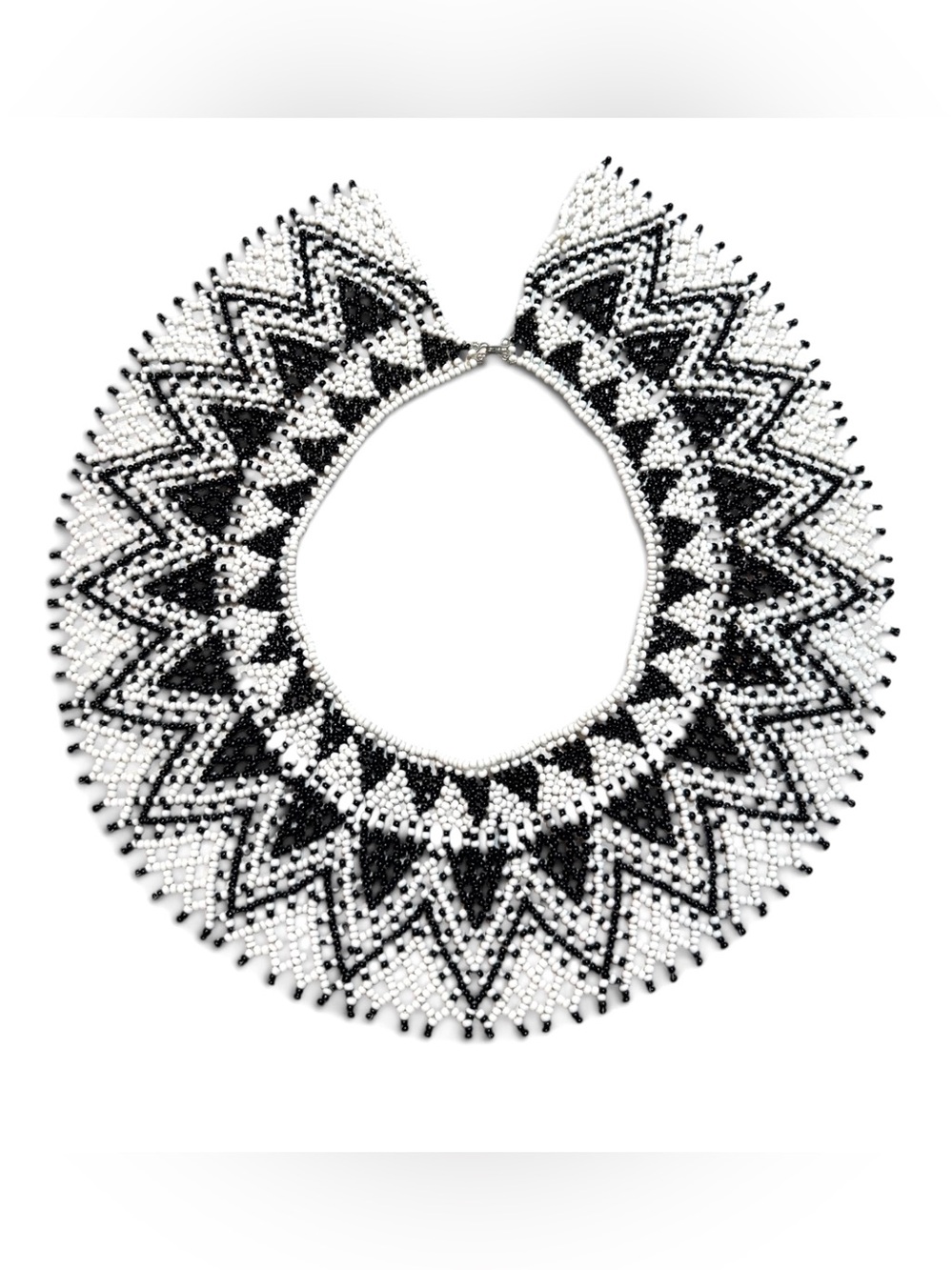 Handcrafted black & white seed bead collar necklace 3” wide